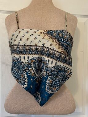 Boho Paisley Handkerchief Hem Crop Top in Teal and Cream
